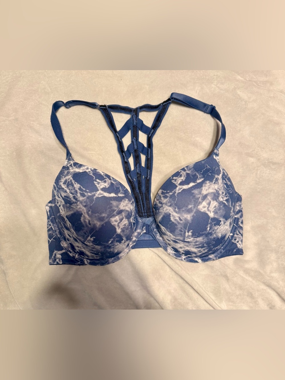 Navy Marble Push-Up Bra with Strappy Back - Picture 2 of 4